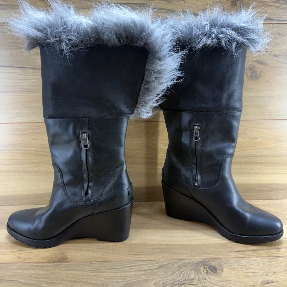 Sorel Park City Lux Leather Boot Womens 8.5 Black Gray Faux Fur Waterproof Wedge